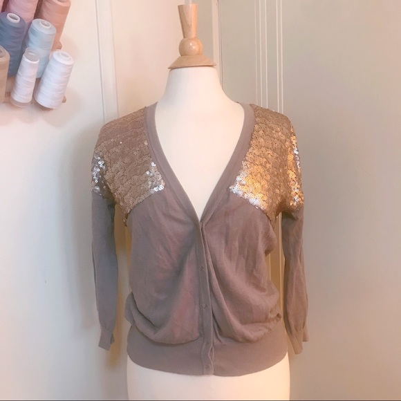Ann Taylor Loft V-neck Sequin Gold Cardigan - Picture 2 of 3